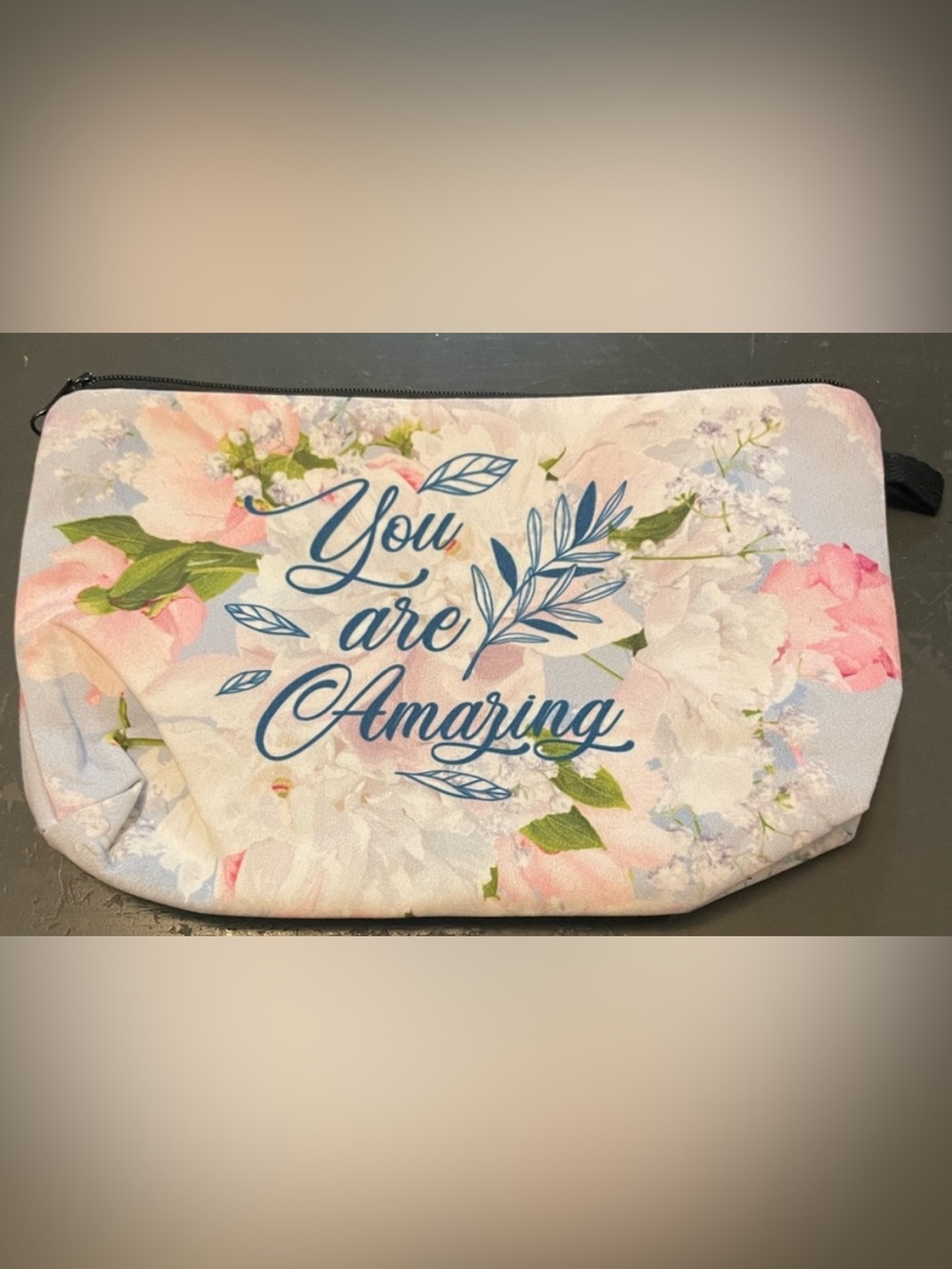 Floral 'You are Amazing' Zipper Pouch - Pink & Blue make up bag artist bag